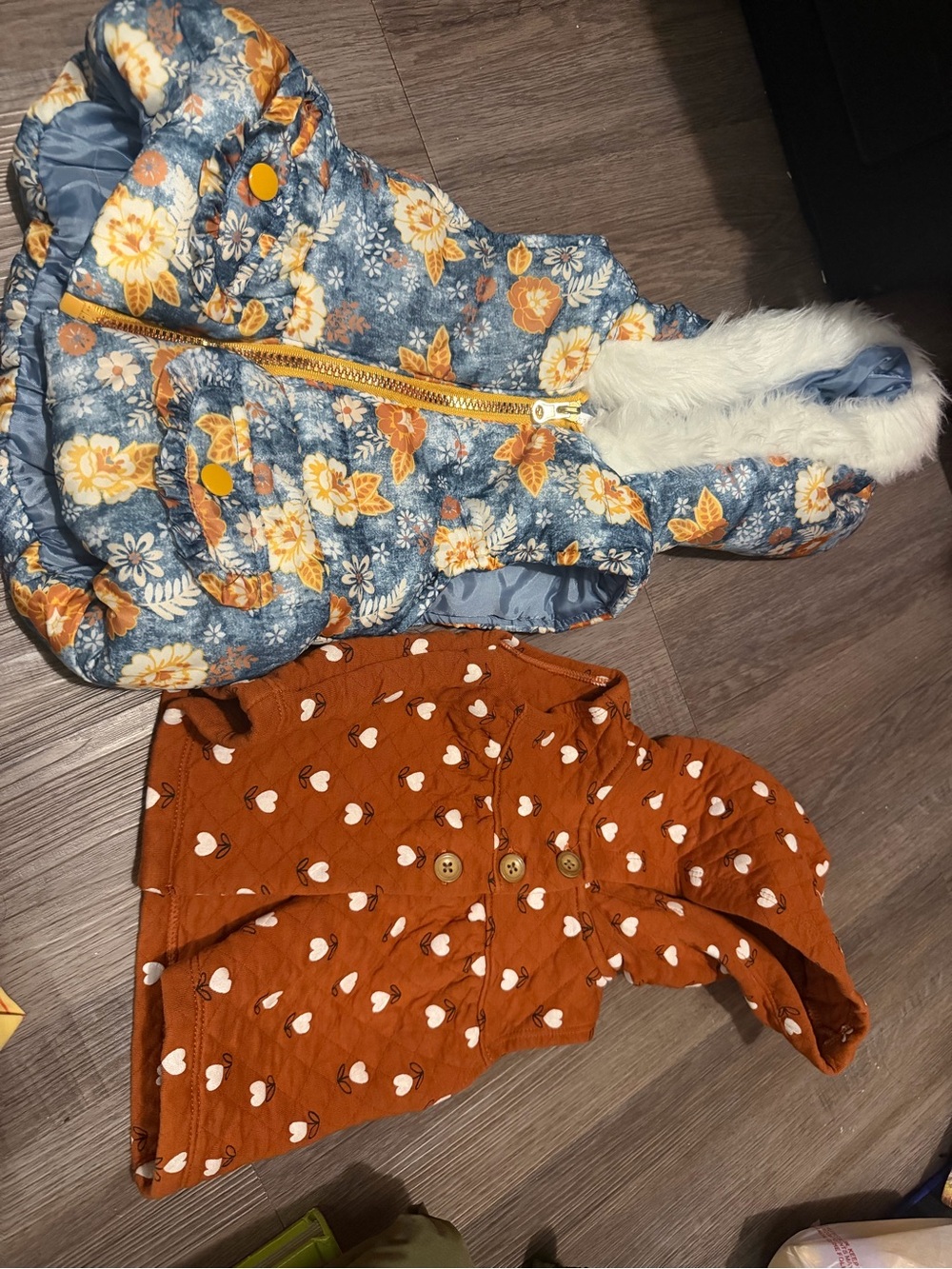 Girls' Blue Floral Puffer Jacket with Faux Fur Hood & Orange Heart Vest- 12 mth